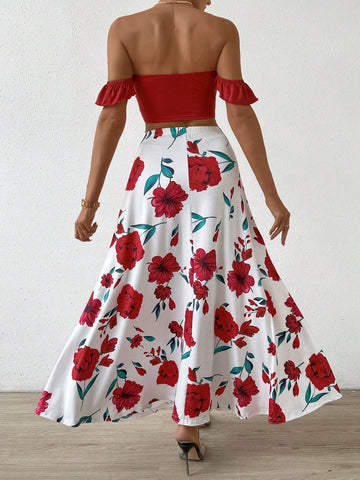 Women's Solid Color Off Shoulder Crop Top And Floral Print Skirt Set Women's Solid Color Off Shoulder Crop Top And Floral Print Skirt Set