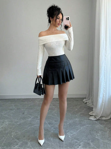 Women's Solid Color Ribbed Off-Shoulder Long Sleeve Backless Bow T-Shirt, Spring & Fall Women's Solid Color Ribbed Off-Shoulder Long Sleeve Backless Bow T-Shirt, Spring & Fall