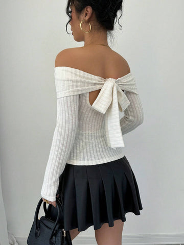 Women's Solid Color Ribbed Off-Shoulder Long Sleeve Backless Bow T-Shirt, Spring & Fall Women's Solid Color Ribbed Off-Shoulder Long Sleeve Backless Bow T-Shirt, Spring & Fall