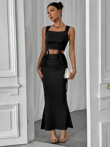 Women's Square Neck Drawstring Hem Camisole Top And Mermaid Hem Skirt Set Women's Square Neck Drawstring Hem Camisole Top And Mermaid Hem Skirt Set