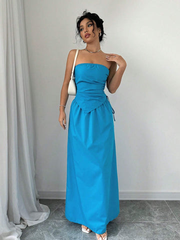 Women's Summer Solid Color Shirred Front Strapless Top And Long Skirt Set, Non-Iron Fabric Women's Summer Solid Color Shirred Front Strapless Top And Long Skirt Set, Non-Iron Fabric