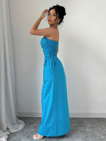 Women's Summer Solid Color Shirred Front Strapless Top And Long Skirt Set, Non-Iron Fabric Women's Summer Solid Color Shirred Front Strapless Top And Long Skirt Set, Non-Iron Fabric