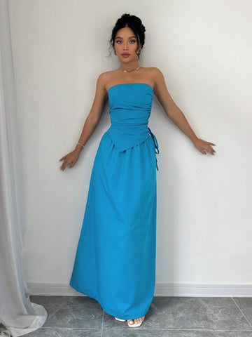 Women's Summer Solid Color Shirred Front Strapless Top And Long Skirt Set, Non-Iron Fabric Women's Summer Solid Color Shirred Front Strapless Top And Long Skirt Set, Non-Iron Fabric