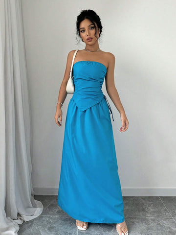 Women's Summer Solid Color Shirred Front Strapless Top And Long Skirt Set, Non-Iron Fabric Women's Summer Solid Color Shirred Front Strapless Top And Long Skirt Set, Non-Iron Fabric
