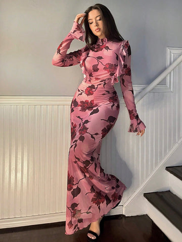 Women's Vintage Floral Print Bodycon Dress With Ruffle Hem And Bell Sleeves Women's Vintage Floral Print Bodycon Dress With Ruffle Hem And Bell Sleeves