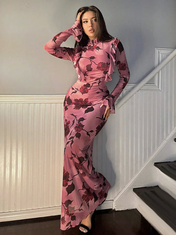 Women's Vintage Floral Print Bodycon Dress With Ruffle Hem And Bell Sleeves Women's Vintage Floral Print Bodycon Dress With Ruffle Hem And Bell Sleeves