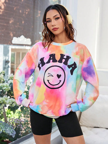 Women'S Letter Print Smile Face Sweatshirt And Shorts Set For Casual Wear Women'S Letter Print Smile Face Sweatshirt And Shorts Set For Casual Wear