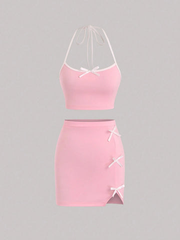Women Butterfly Bow Decoration Halter Neck Tie Crop Top And Skirt Set Women Butterfly Bow Decoration Halter Neck Tie Crop Top And Skirt Set