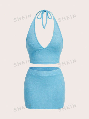 Women's Blue Halter Top & Skirt Set Women's Blue Halter Top & Skirt Set