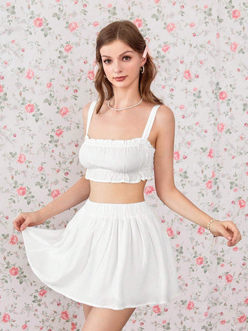 Women's Solid Color Camisole Crop Top And Mini Skirt Set Women's Solid Color Camisole Crop Top And Mini Skirt Set