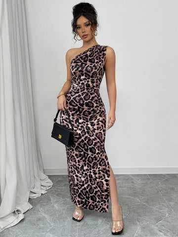 1pc Leopard Print Asymmetrical Neck Bodycon Mini Dress, Printed Bodycon Dress, Leopard Print Asymmetric Bodycon Side Slit Waist Cinched Sexy Dress 1pc Leopard Print Asymmetrical Neck Bodycon Mini Dress, Printed Bodycon Dress, Leopard Print Asymmetric Bodycon Side Slit Waist Cinched Sexy Dress