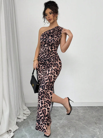 1pc Leopard Print Asymmetrical Neck Bodycon Mini Dress, Printed Bodycon Dress, Leopard Print Asymmetric Bodycon Side Slit Waist Cinched Sexy Dress 1pc Leopard Print Asymmetrical Neck Bodycon Mini Dress, Printed Bodycon Dress, Leopard Print Asymmetric Bodycon Side Slit Waist Cinched Sexy Dress