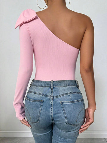 3D Bow Decor One Shoulder Long Sleeve Bodysuit 3D Bow Decor One Shoulder Long Sleeve Bodysuit