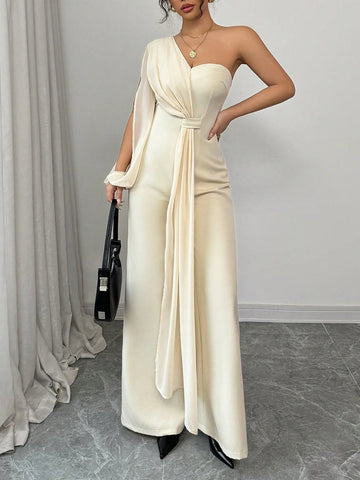 Elegant One-Shoulder, One Long Sleeve Chiffon Hemi-Bandeau, Hemi Backless Decor Chiffon Jumpsuit In Light Khaki, Spring/Summer For Women Elegant One-Shoulder, One Long Sleeve Chiffon Hemi-Bandeau, Hemi Backless Decor Chiffon Jumpsuit In Light Khaki, Spring/Summer For Women