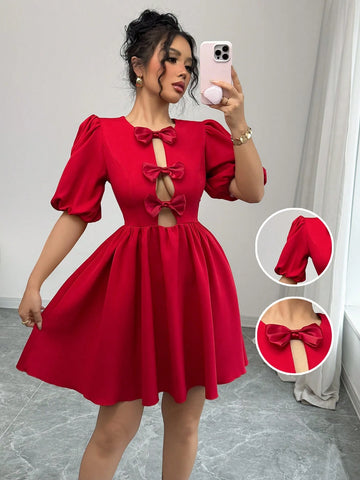 Elegant Round Neck Puff Sleeve Bow Tie Hollow Out Midi Peplum Dress For Women Elegant Round Neck Puff Sleeve Bow Tie Hollow Out Midi Peplum Dress For Women