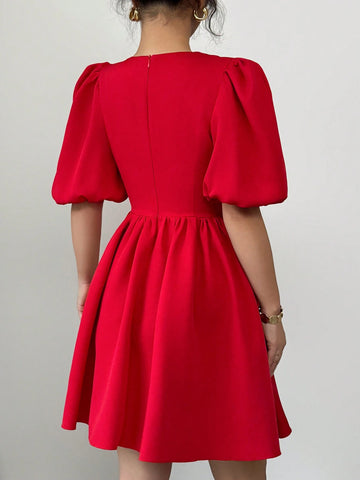 Elegant Round Neck Puff Sleeve Bow Tie Hollow Out Midi Peplum Dress For Women Elegant Round Neck Puff Sleeve Bow Tie Hollow Out Midi Peplum Dress For Women