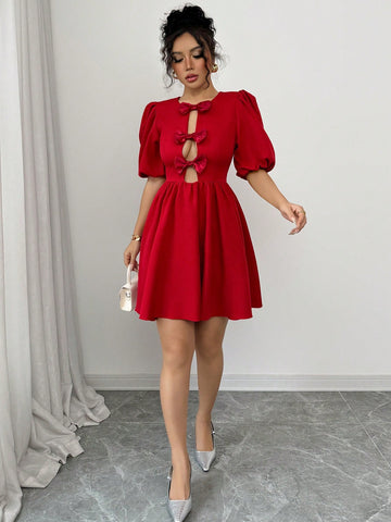 Elegant Round Neck Puff Sleeve Bow Tie Hollow Out Midi Peplum Dress For Women Elegant Round Neck Puff Sleeve Bow Tie Hollow Out Midi Peplum Dress For Women