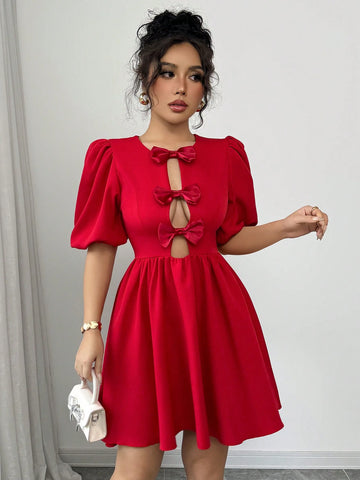 Elegant Round Neck Puff Sleeve Bow Tie Hollow Out Midi Peplum Dress For Women Elegant Round Neck Puff Sleeve Bow Tie Hollow Out Midi Peplum Dress For Women