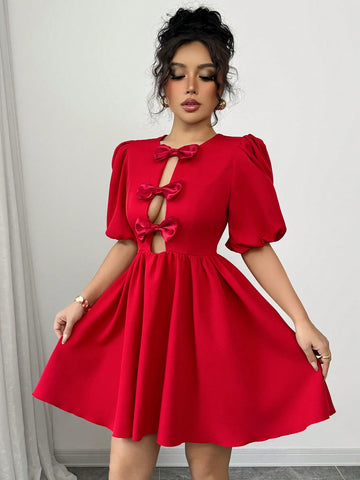 Elegant Round Neck Puff Sleeve Bow Tie Hollow Out Midi Peplum Dress For Women Elegant Round Neck Puff Sleeve Bow Tie Hollow Out Midi Peplum Dress For Women