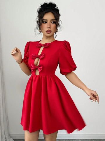 Elegant Round Neck Puff Sleeve Bow Tie Hollow Out Midi Peplum Dress For Women Elegant Round Neck Puff Sleeve Bow Tie Hollow Out Midi Peplum Dress For Women