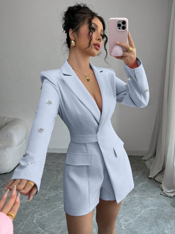 Glamine Elegant Pink Knitted Long-Sleeved Slim-Fitting Jumpsuit For Women, With Diamond Decoration On Sleeves, Suitable For Autumn And Winter, Suitable For Work, Daily Dating And Parties Glamine Elegant Pink Knitted Long-Sleeved Slim-Fitting Jumpsuit For Women, With Diamond Decoration On Sleeves, Suitable For Autumn And Winter, Suitable For Work, Daily Dating And Parties