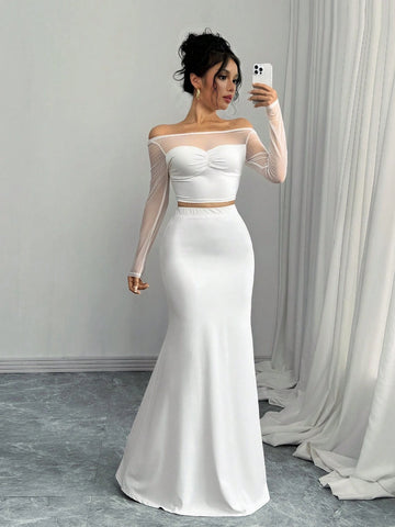 Women's Elegant Mesh Splice Off Shoulder Long Sleeve Simple Blouse And Skirt 2 Piece Set Women's Elegant Mesh Splice Off Shoulder Long Sleeve Simple Blouse And Skirt 2 Piece Set