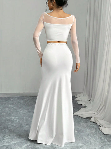 Women's Elegant Mesh Splice Off Shoulder Long Sleeve Simple Blouse And Skirt 2 Piece Set Women's Elegant Mesh Splice Off Shoulder Long Sleeve Simple Blouse And Skirt 2 Piece Set