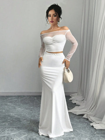 Women's Elegant Mesh Splice Off Shoulder Long Sleeve Simple Blouse And Skirt 2 Piece Set Women's Elegant Mesh Splice Off Shoulder Long Sleeve Simple Blouse And Skirt 2 Piece Set