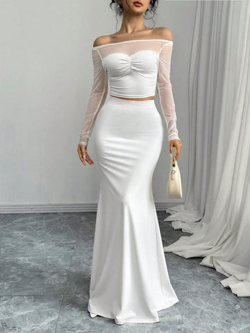 Women's Elegant Mesh Splice Off Shoulder Long Sleeve Simple Blouse And Skirt 2 Piece Set Women's Elegant Mesh Splice Off Shoulder Long Sleeve Simple Blouse And Skirt 2 Piece Set