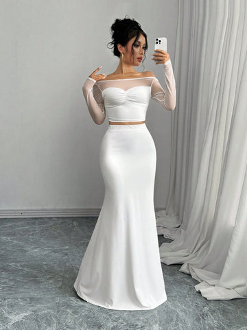 Women's Elegant Mesh Splice Off Shoulder Long Sleeve Simple Blouse And Skirt 2 Piece Set Women's Elegant Mesh Splice Off Shoulder Long Sleeve Simple Blouse And Skirt 2 Piece Set