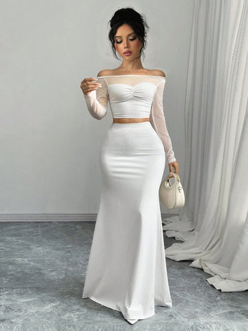 Women's Elegant Mesh Splice Off Shoulder Long Sleeve Simple Blouse And Skirt 2 Piece Set Women's Elegant Mesh Splice Off Shoulder Long Sleeve Simple Blouse And Skirt 2 Piece Set