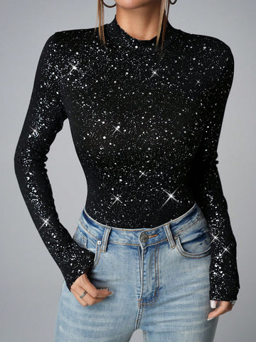 Women's Party Metallic Foil Print Crew Neck Long Sleeve Bodycon BodysuitParty Women's Party Metallic Foil Print Crew Neck Long Sleeve Bodycon BodysuitParty