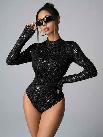 Women's Party Metallic Foil Print Crew Neck Long Sleeve Bodycon BodysuitParty Women's Party Metallic Foil Print Crew Neck Long Sleeve Bodycon BodysuitParty
