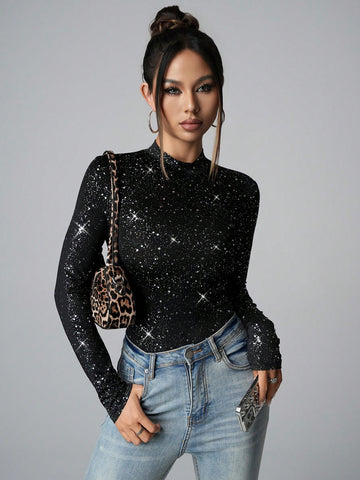 Women's Party Metallic Foil Print Crew Neck Long Sleeve Bodycon BodysuitParty Women's Party Metallic Foil Print Crew Neck Long Sleeve Bodycon BodysuitParty