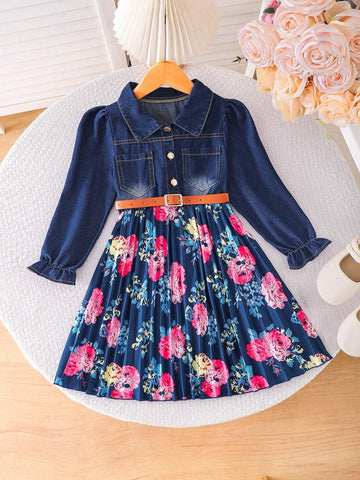Kids Young Girls' Fashion Denim Patchwork Printed Pleated Hem Vacation Faux Layered Dress Kids Young Girls' Fashion Denim Patchwork Printed Pleated Hem Vacation Faux Layered Dress