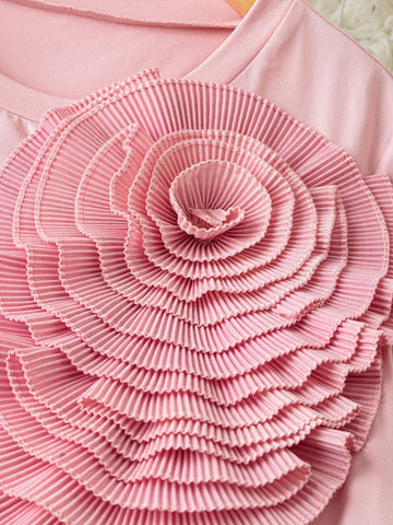 Women's Comfortable & Breathable 3D Floral Loose Fit Pink T-Shirt, Summer Women's Comfortable & Breathable 3D Floral Loose Fit Pink T-Shirt, Summer