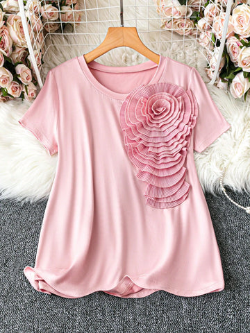 Women's Comfortable & Breathable 3D Floral Loose Fit Pink T-Shirt, Summer Women's Comfortable & Breathable 3D Floral Loose Fit Pink T-Shirt, Summer