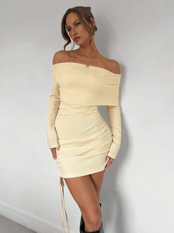 1pc Solid Color Off Shoulder Bodycon Dress, Minimalist & Casual Everyday Wear 1pc Solid Color Off Shoulder Bodycon Dress, Minimalist & Casual Everyday Wear