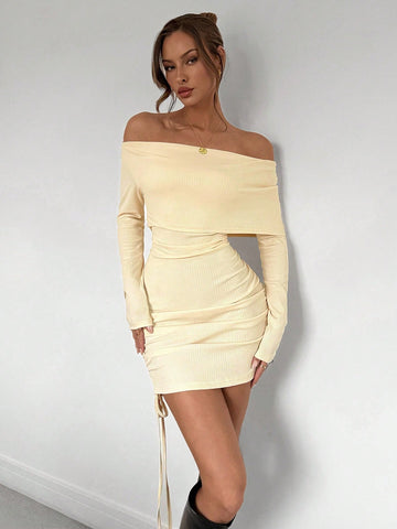 1pc Solid Color Off Shoulder Bodycon Dress, Minimalist & Casual Everyday Wear 1pc Solid Color Off Shoulder Bodycon Dress, Minimalist & Casual Everyday Wear