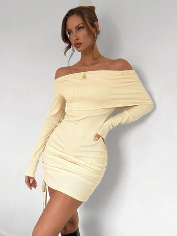 1pc Solid Color Off Shoulder Bodycon Dress, Minimalist & Casual Everyday Wear 1pc Solid Color Off Shoulder Bodycon Dress, Minimalist & Casual Everyday Wear