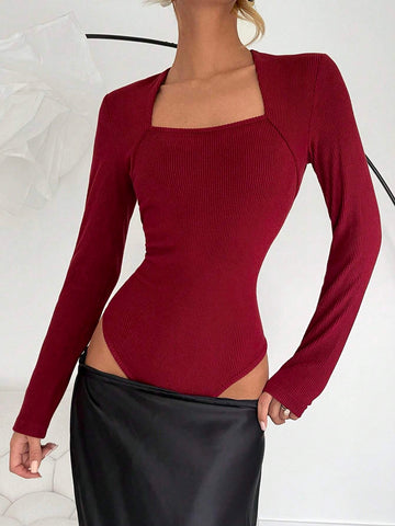 Square Neck Fleece Lining Tight-Fitting Bodysuit Square Neck Fleece Lining Tight-Fitting Bodysuit