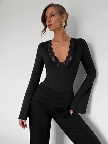 Women Patchwork Lace Bell Sleeve Bodysuit Women Patchwork Lace Bell Sleeve Bodysuit