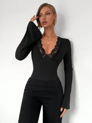 Women Patchwork Lace Bell Sleeve Bodysuit Women Patchwork Lace Bell Sleeve Bodysuit
