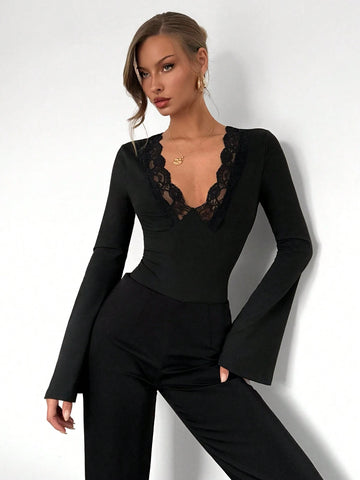 Women Patchwork Lace Bell Sleeve Bodysuit Women Patchwork Lace Bell Sleeve Bodysuit