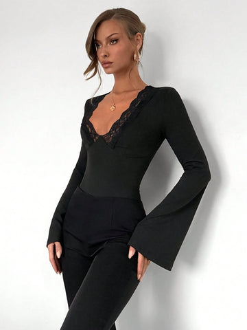 Women Patchwork Lace Bell Sleeve Bodysuit Women Patchwork Lace Bell Sleeve Bodysuit