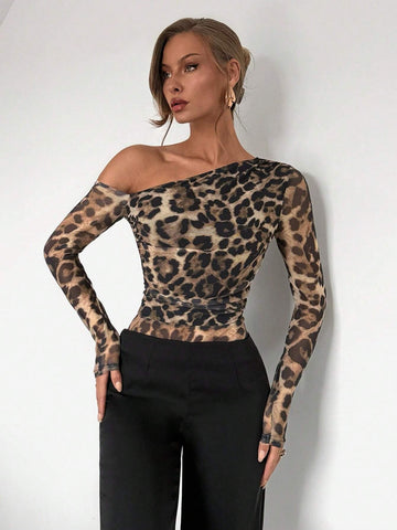 Women's Fashion Leopard Print Mesh Long Sleeve Open Shoulder Bodysuit Women's Fashion Leopard Print Mesh Long Sleeve Open Shoulder Bodysuit