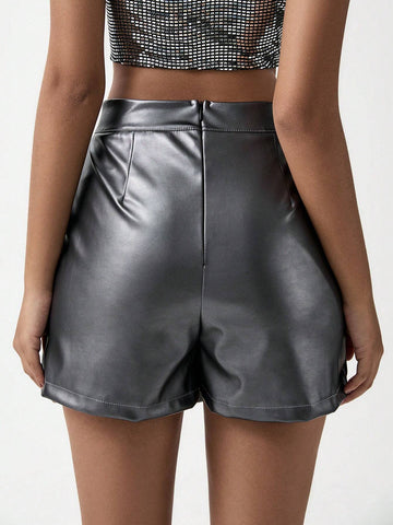 Luminelle Casual, Commute, Elegant, Slit, Decorative Metal Buttons, Leather Pants Skirt, Ladies Leather Shorts Luminelle Casual, Commute, Elegant, Slit, Decorative Metal Buttons, Leather Pants Skirt, Ladies Leather Shorts