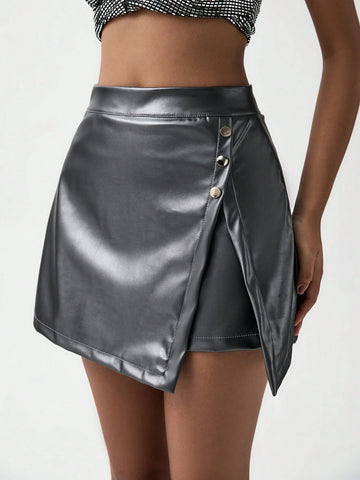 Luminelle Casual, Commute, Elegant, Slit, Decorative Metal Buttons, Leather Pants Skirt, Ladies Leather Shorts Luminelle Casual, Commute, Elegant, Slit, Decorative Metal Buttons, Leather Pants Skirt, Ladies Leather Shorts
