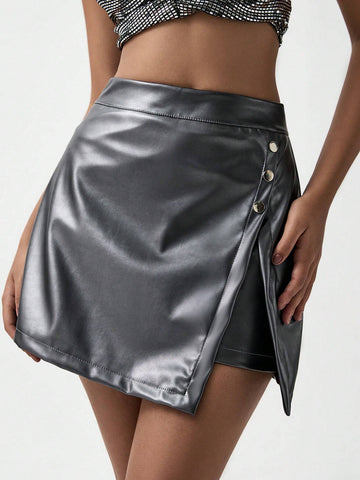 Luminelle Casual, Commute, Elegant, Slit, Decorative Metal Buttons, Leather Pants Skirt, Ladies Leather Shorts Luminelle Casual, Commute, Elegant, Slit, Decorative Metal Buttons, Leather Pants Skirt, Ladies Leather Shorts