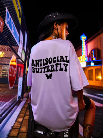 Butterfly & Letter Graphic Drop Shoulder Oversized Tee Butterfly & Letter Graphic Drop Shoulder Oversized Tee